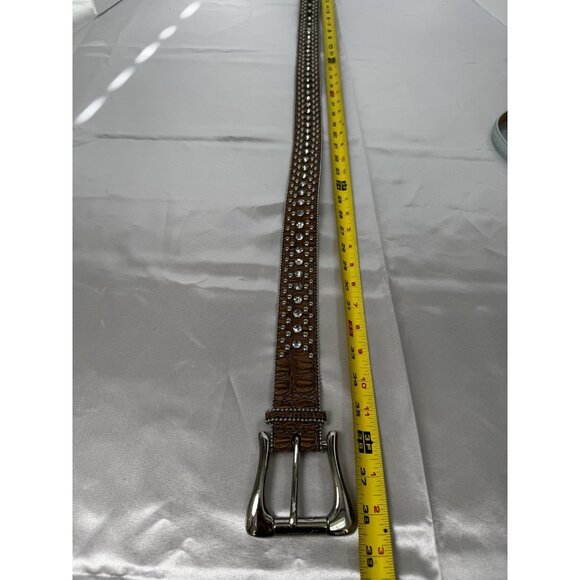 Guess Womens Rhinestone Brown Croc-Embossed Leather Belt 39 - Picture 6 of 6